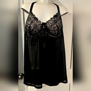 New Daisy Fuentes Black Mesh Plus Size Babydoll Nightgown W Bra 2x 2xl Xxl
